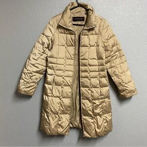 ANDREW MARC Womens Parka Coat Large Tan Down Fill Long Puffer Fur Jacket FLAWS